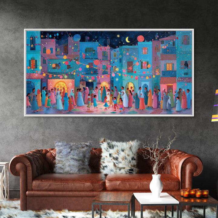 Colorful Moonlit Wedding Street Wall Art, Mediterranean Festival Canvas Print, Dopamine Decor, Joyful Village Poster Gift
