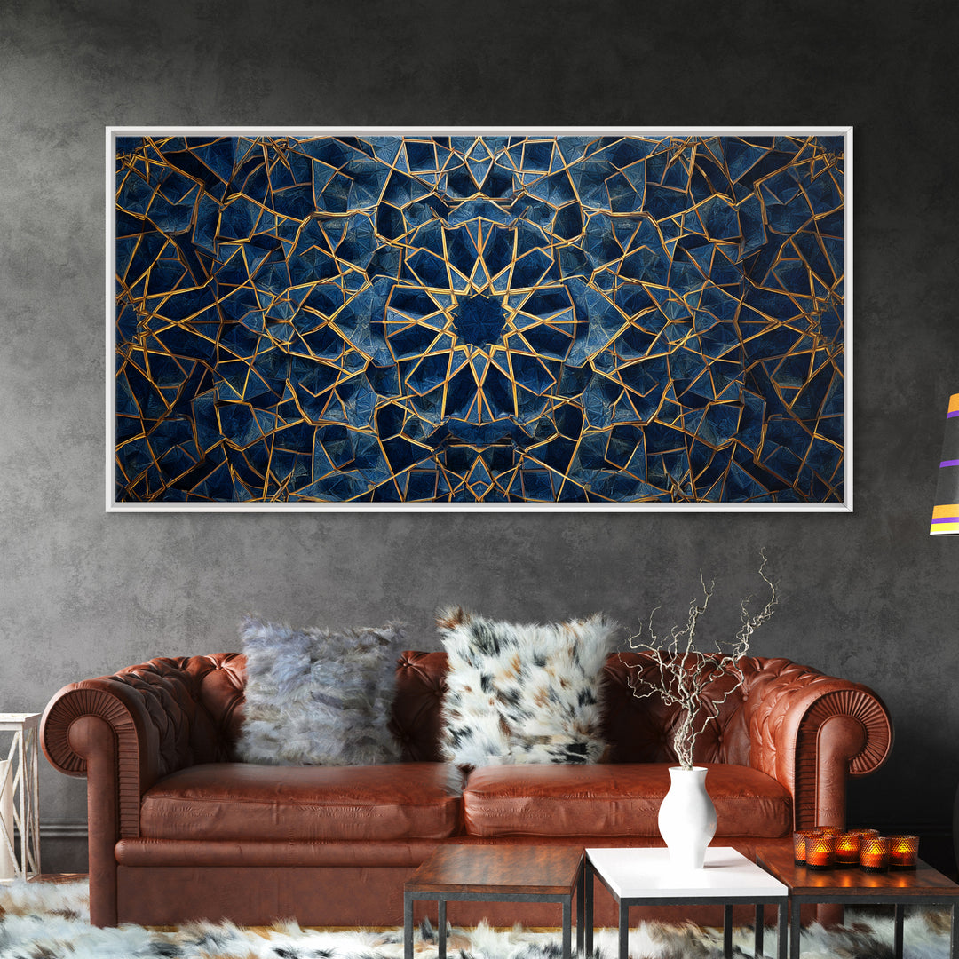 Blue Gold Islamic Geometric Wall Art, Sacred Pattern Canvas Print, Moroccan Tile Decor For Modern Living Room Home Decor Gift