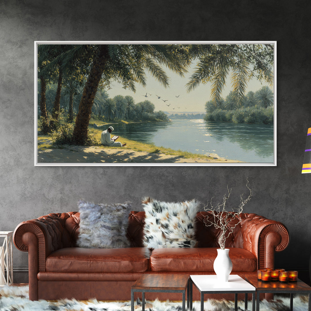 Palm Shaded River Reader Canvas Print, Serene Tropical Landscape Wall Art, Coastal Home Decor, Office Decor, Housewarming Gift For Her