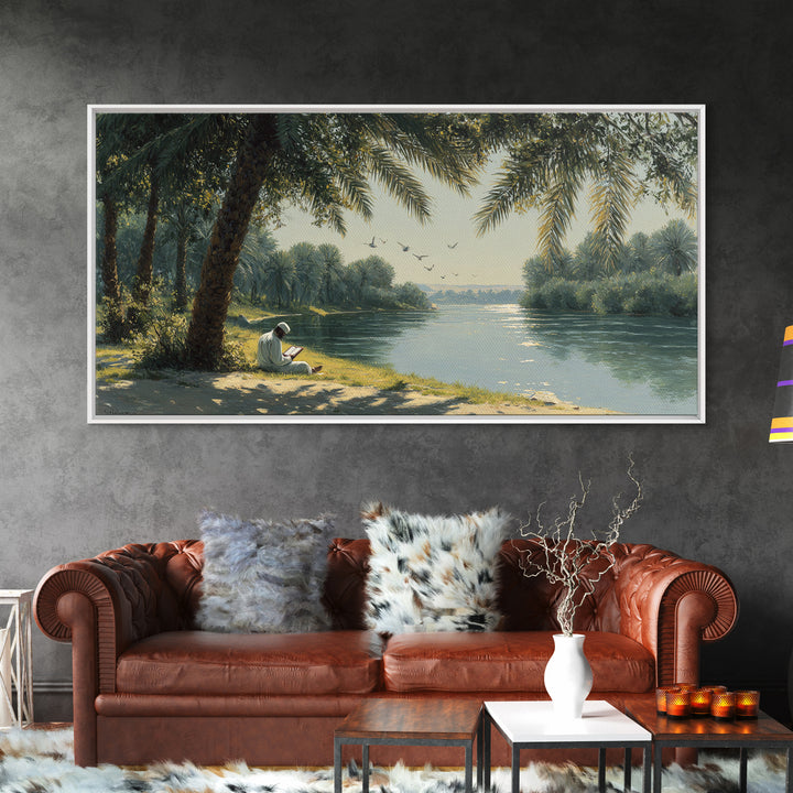 Palm Shaded River Reader Canvas Print, Serene Tropical Landscape Wall Art, Coastal Home Decor, Office Decor, Housewarming Gift For Her