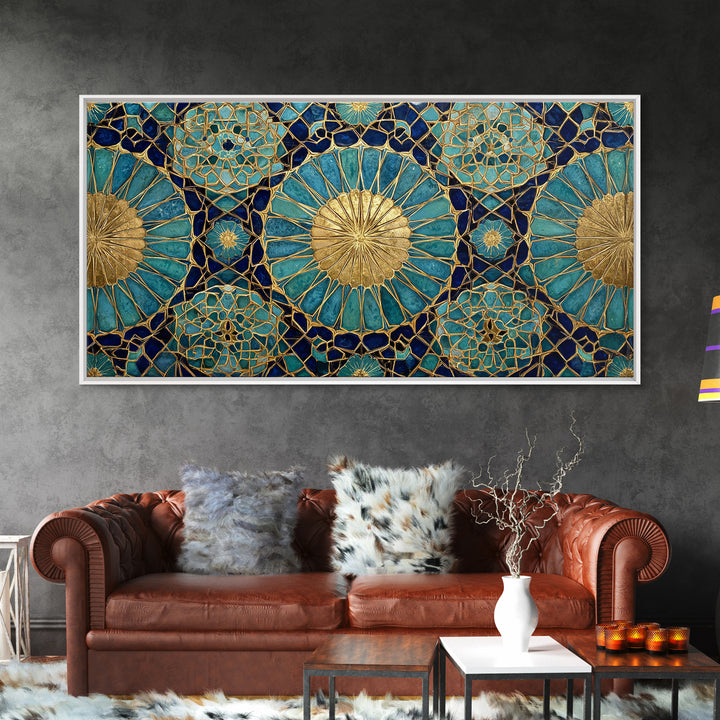 Teal And Gold Islamic Geometric Mosaic Wall Art, Moroccan Decor, Arabic Pattern Art, Spiritual Canvas Print, Luxury Home Decor