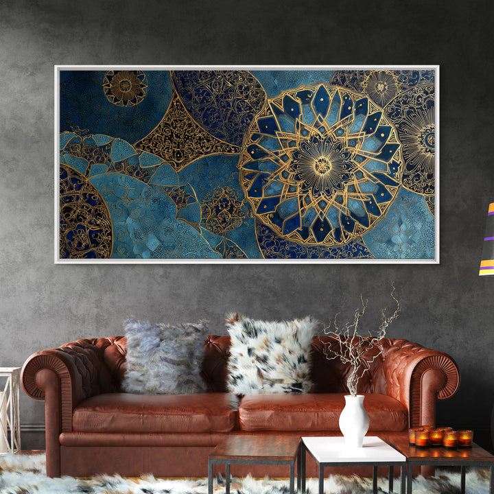 Blue Gold Islamic Mandala Wall Art, Moroccan Geometric Canvas Print, Arabic Home Decor, Large Living Room Wall Decor, Gift