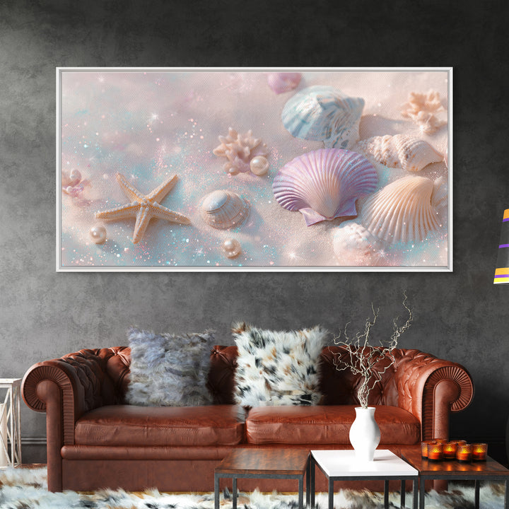 Pastel Seashells And Starfish Canvas Print, Coastal Beach Wall Art, Beach House Decor, Pastel Bathroom Decor, Ocean Nursery Gift For Her