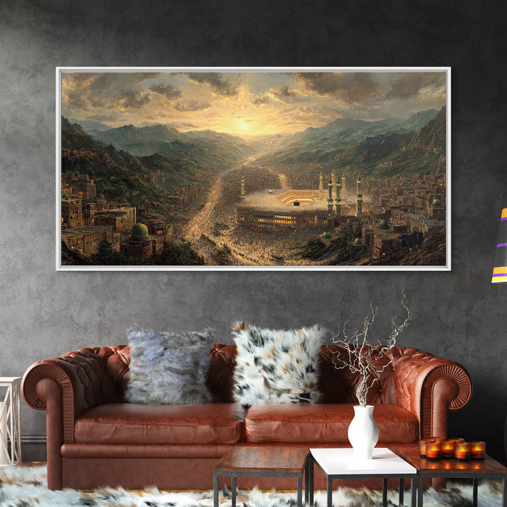 Mecca Sunset Valley And Holy Mosque Canvas Print, Islamic Wall Art, Panoramic Landscape Art For Prayer Room Decor Gift Idea