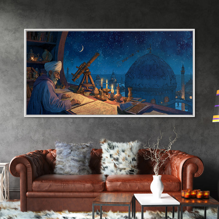 Starlit Astronomer Observatory Canvas Print, Islamic Architecture Wall Decor, Celestial Night Sky Art For Study Room And Office Decor