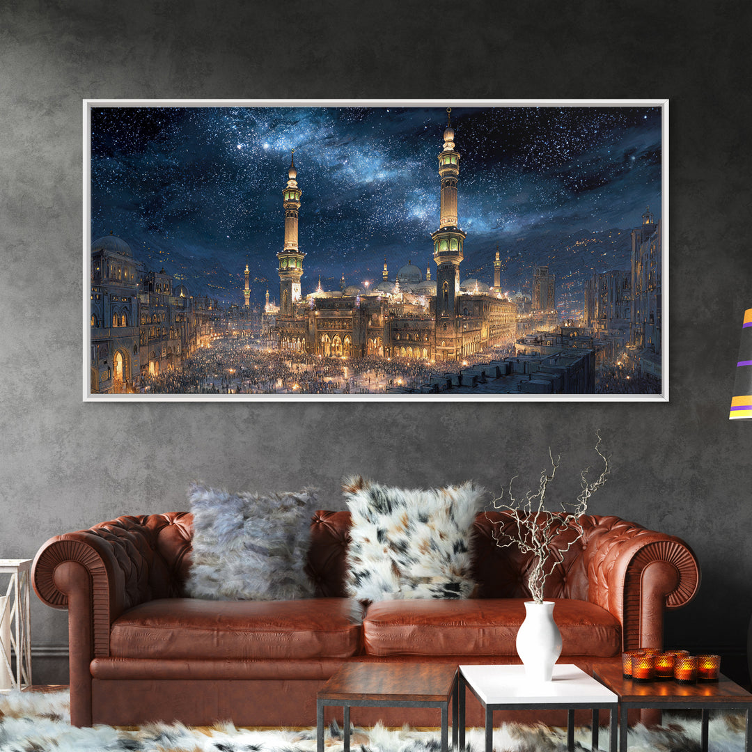 Starry Mecca Minarets At Night Wall Art, Islamic Framed Canvas Print, Celestial City Decor For Prayer Room And Living Room