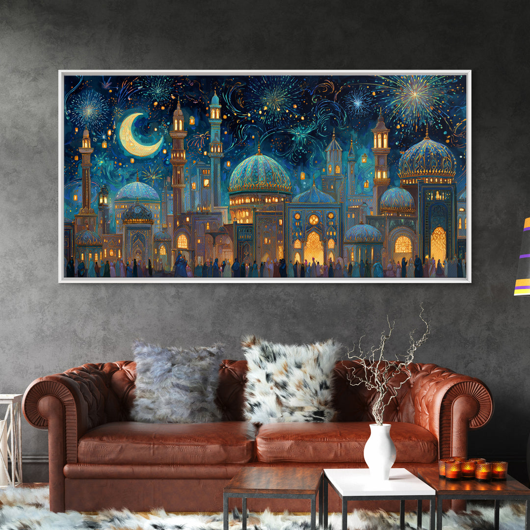 Festive Islamic City With Crescent Moon Framed Canvas Print, Ramadan Wall Art, Moroccan Decor, Eid Gift, Celestial Poster