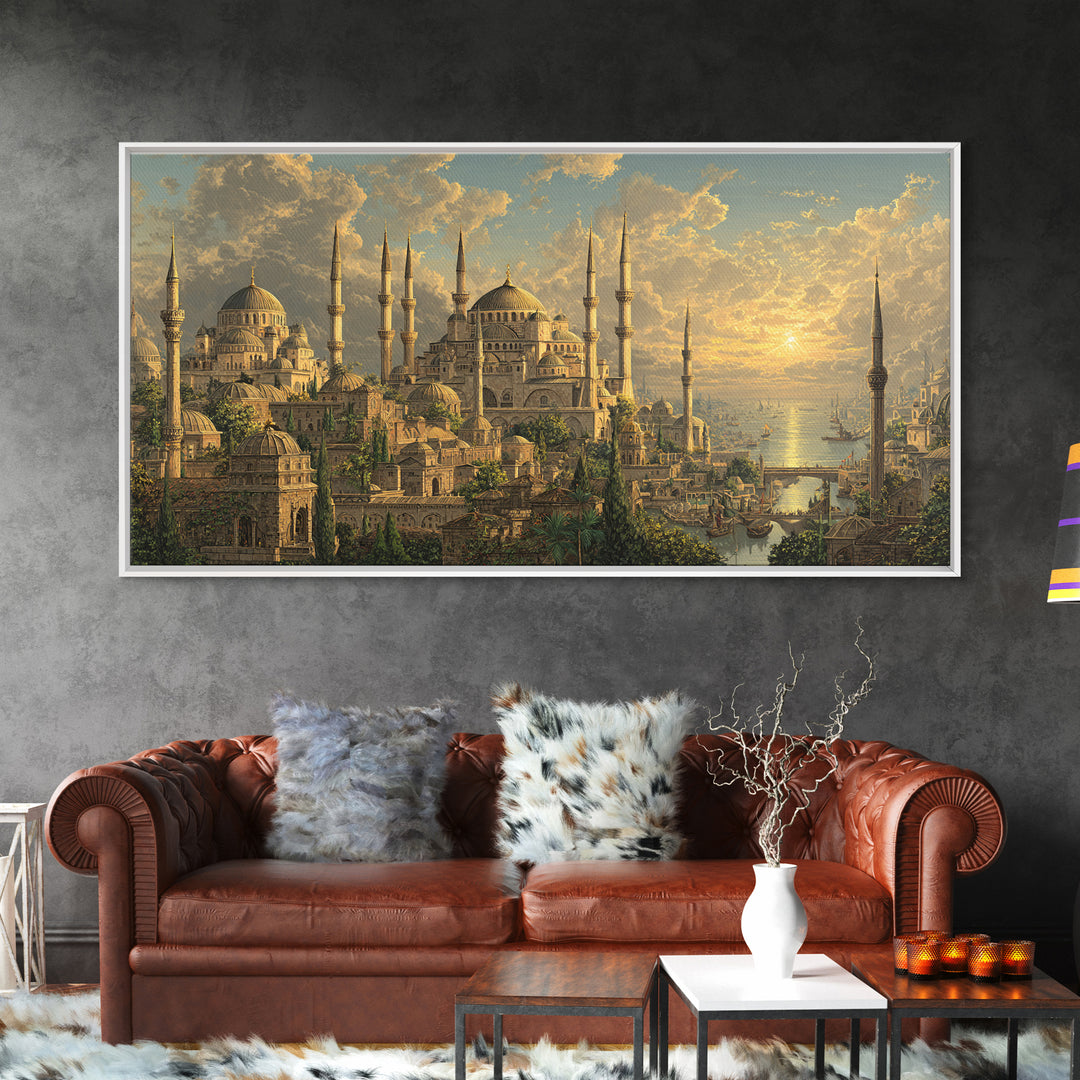 Golden Istanbul Mosque Skyline At Sunset Canvas Print, Islamic Architecture Wall Art, Travel Poster, Elegant Home Decor Gift