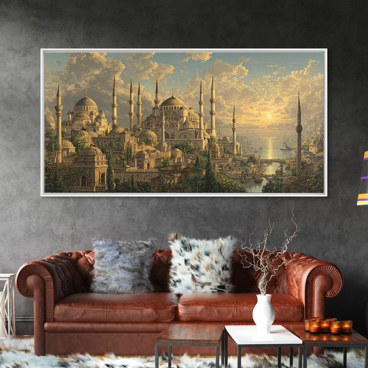 Golden Istanbul Mosque Skyline At Sunset Canvas Print, Islamic Architecture Wall Art, Travel Poster, Elegant Home Decor Gift