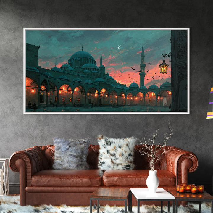 Twilight Mosque Courtyard Framed Canvas Print, Islamic Architecture Wall Art, Istanbul Travel Poster And Prayer Room Decor