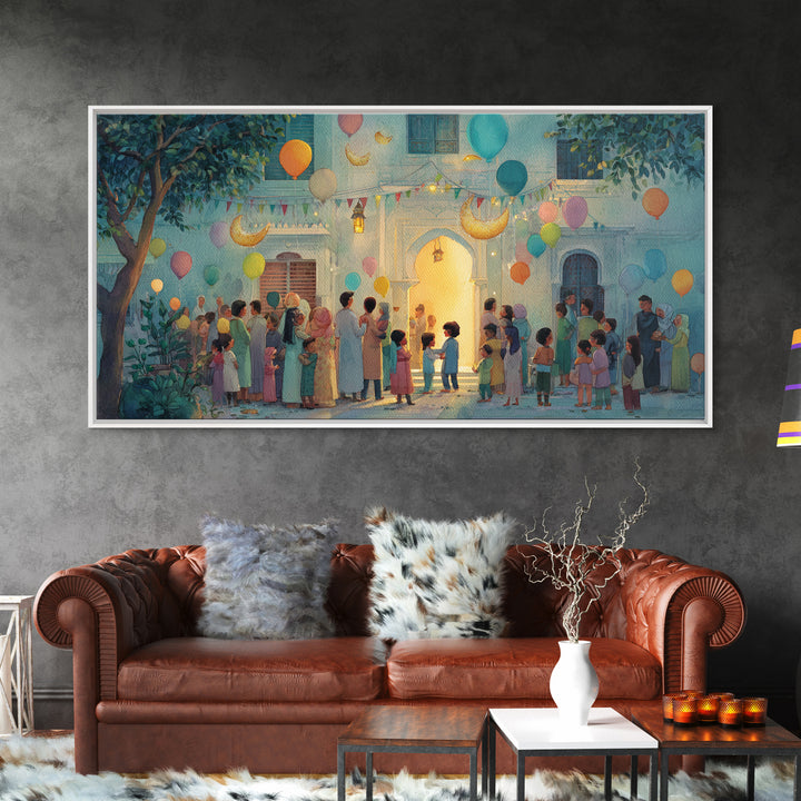 Ramadan Courtyard Celebration With Balloons Wall Art, Islamic Home Decor, Family Gathering Print, Eid Housewarming Gift Idea