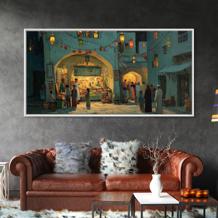 Middle Eastern Night Bazaar Wall Art, Glowing Shopfront Alley Scene, Moroccan Decor, Islamic Home Decor, Housewarming Gift