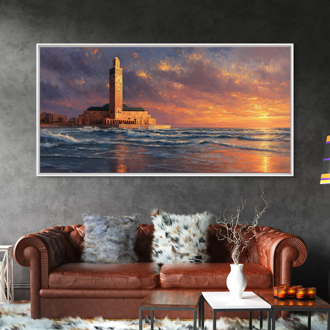 Casablanca Mosque Sunset Wall Art, Moroccan Coastal Seascape Canvas Print, Islamic Architecture, Ocean Decor For Living Room