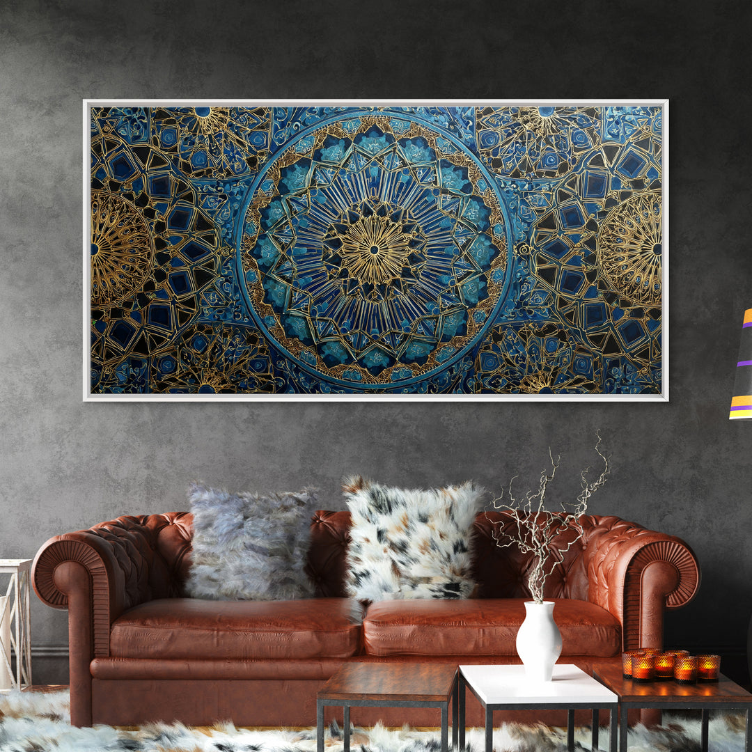 Blue Gold Islamic Geometric Wall Art, Moroccan Mosaic Canvas Print, Sacred Geometry Decor, Luxury Prayer Room Wall Decor