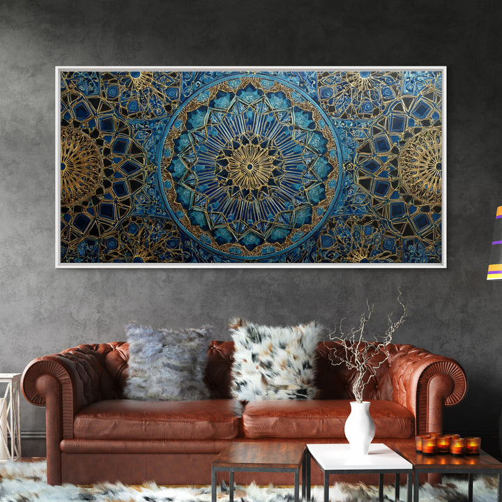 Blue Gold Islamic Geometric Wall Art, Moroccan Mosaic Canvas Print, Sacred Geometry Decor, Luxury Prayer Room Wall Decor