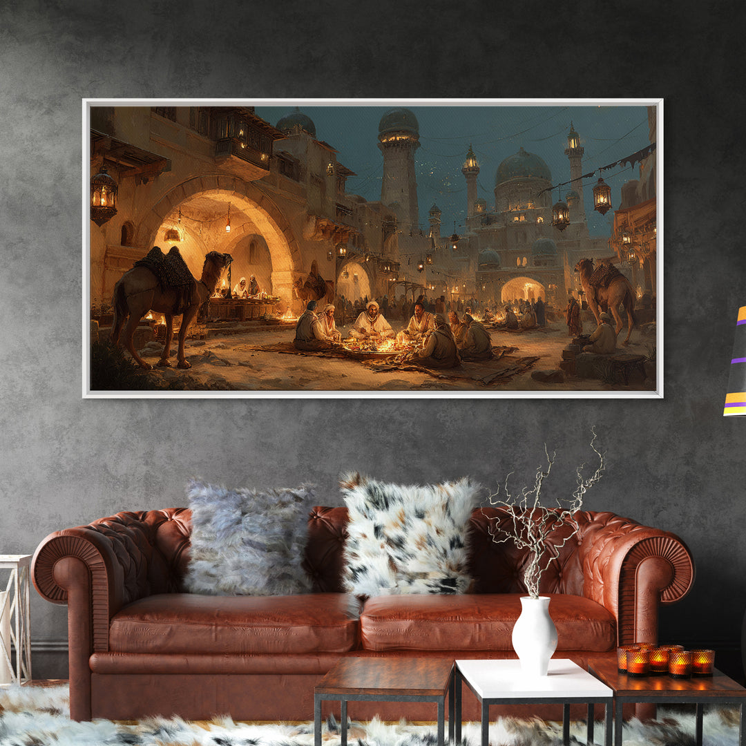 Arabian Night Market With Camels Wall Art, Middle Eastern Cityscape Canvas Print, Warm Lantern Decor, Travel Gift For Living Room
