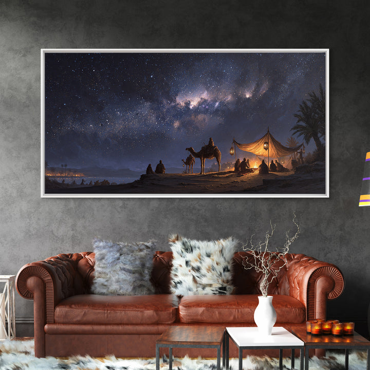 Milky Way Desert Camp Wall Art, Camel Tent Night Sky Canvas Print, Celestial Landscape, Boho Travel Home Decor Gift For Her