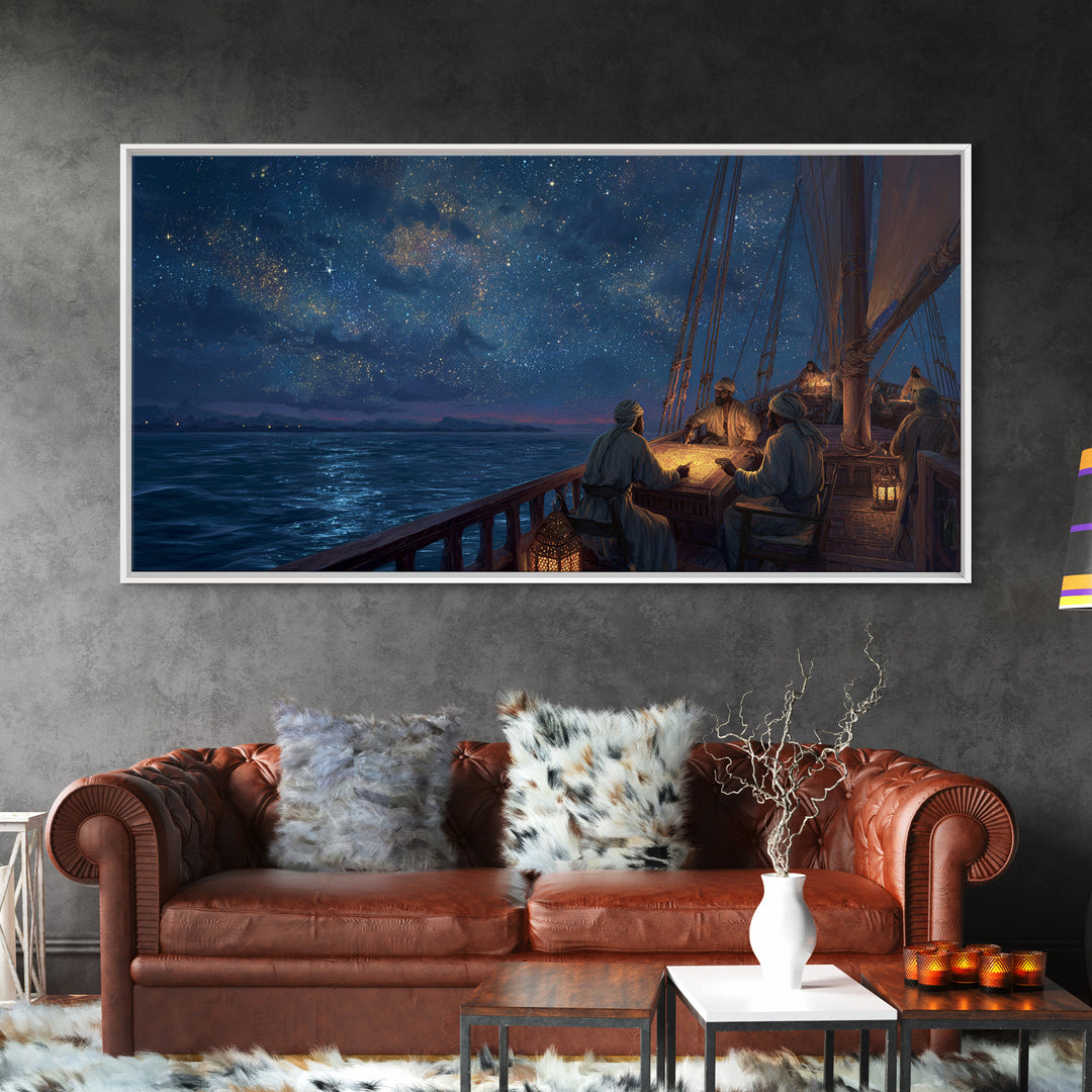 Starlit Sailing Ship Canvas Print, Nautical Night Sky Seascape, Celestial Ocean Decor, Maritime Travel Art, Gift For Him