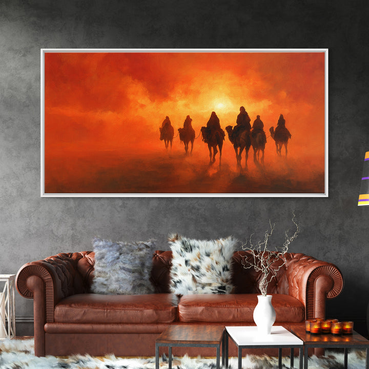 Desert Riders At Blazing Sunset Framed Canvas Print, Western Wall Art, Cowboy Landscape For Rustic Southwestern Home Decor Gift