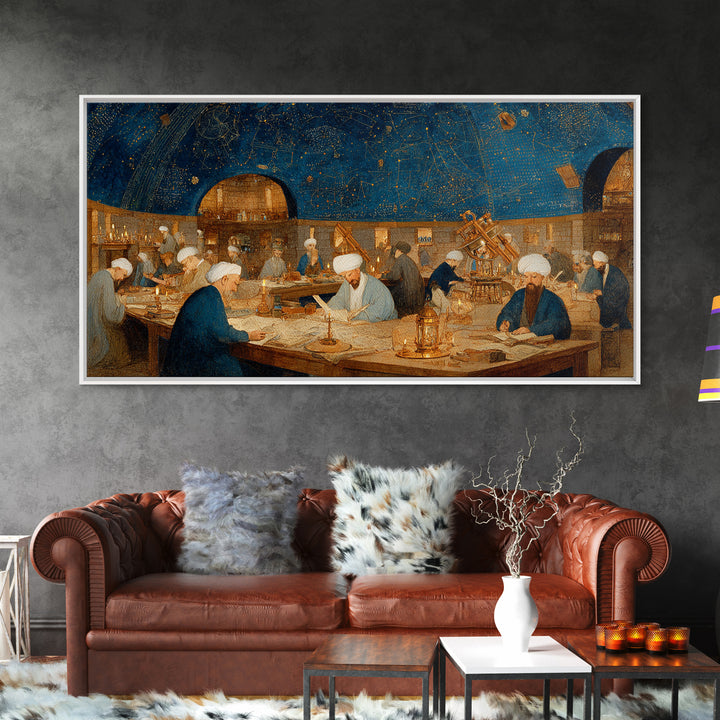 Starlit Islamic Observatory Wall Art, Scholars And Astrolabe Canvas, Arabic Astronomy Decor, Dark Academia Art Print Gift