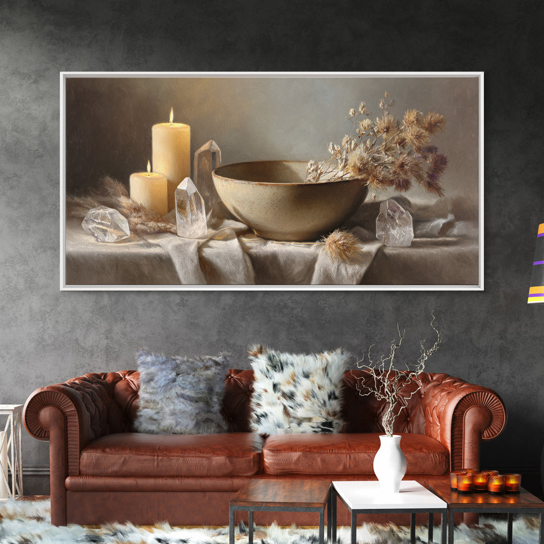 Candles Crystals And Ceramic Bowl Wall Art, Zen Spa Canvas Print, Neutral Still Life Decor, Meditation Room Housewarming Gift