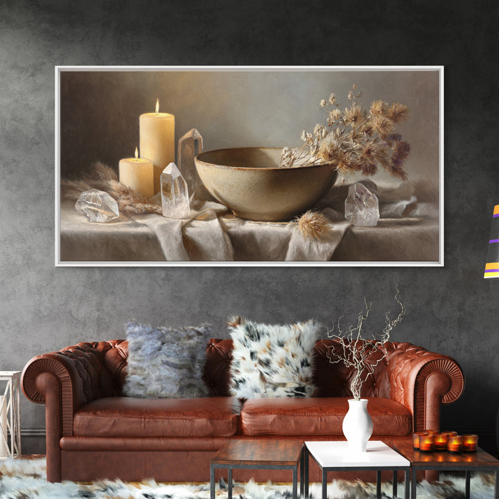 Candles Crystals And Ceramic Bowl Wall Art, Zen Spa Canvas Print, Neutral Still Life Decor, Meditation Room Housewarming Gift