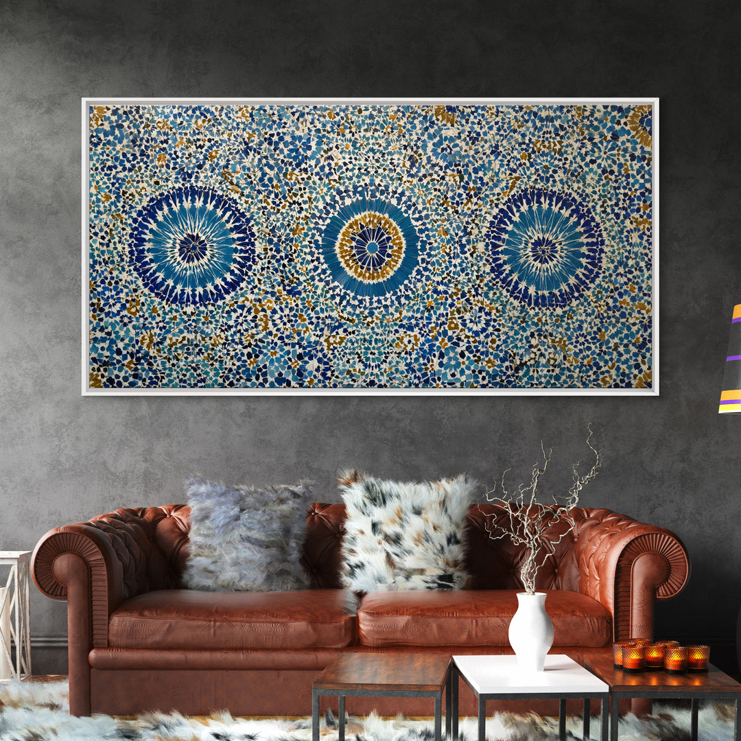 Blue Moroccan Geometric Mosaic Wall Art, Islamic Tile Pattern Canvas Print, Mediterranean Decor, Boho Home Accent Gift Idea