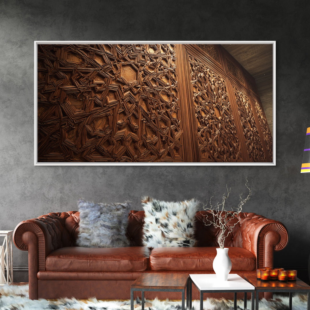 Ornate Islamic Geometric Wood Panel Framed Canvas Print, Moroccan Wall Art, Arabesque Pattern, Warm Rustic Home Decor Gift