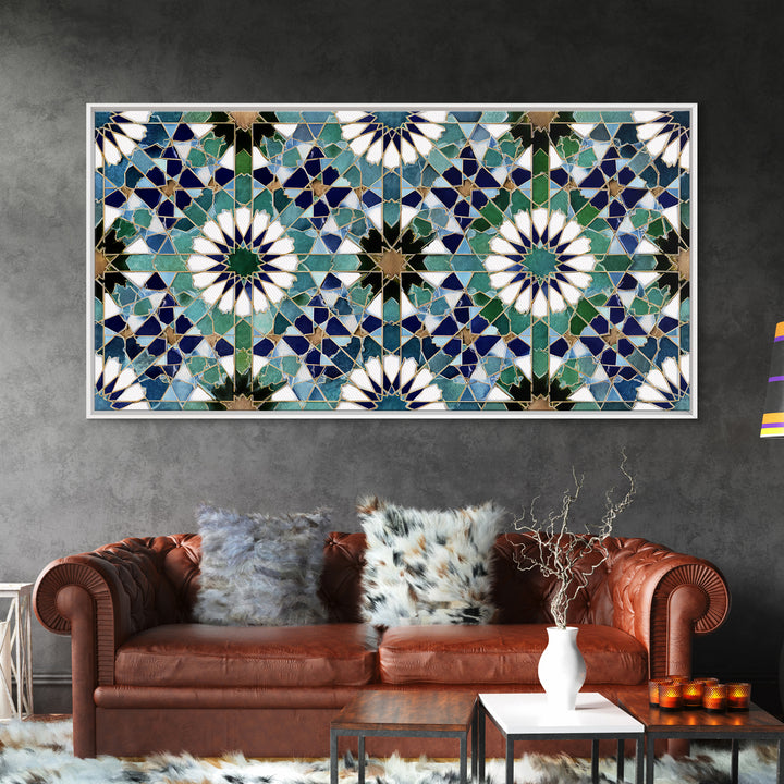 Blue Green Moroccan Tile Pattern Wall Art, Islamic Geometric Mosaic Print, Mediterranean Home Decor, Boho Wall Decor, Kitchen Decor
