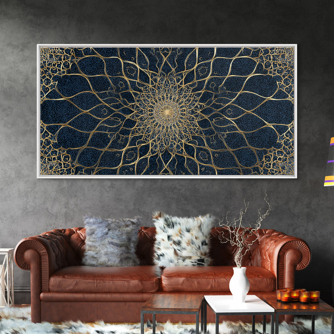 Navy Gold Sacred Geometry Mandala Wall Art, Mystical Spiritual Canvas Wall Art For Meditation Room Decor And Modern Home Decor