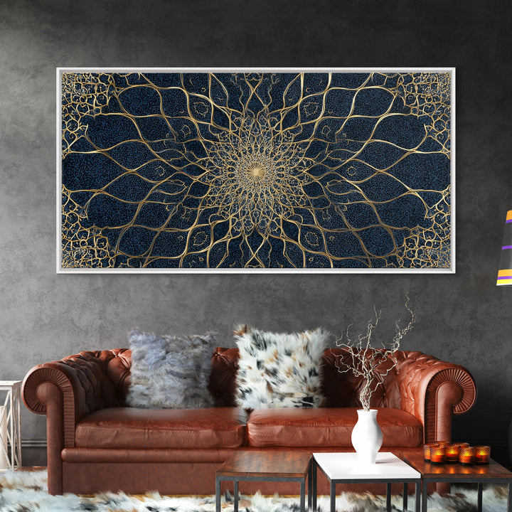 Navy Gold Sacred Geometry Mandala Wall Art, Mystical Spiritual Canvas Wall Art For Meditation Room Decor And Modern Home Decor