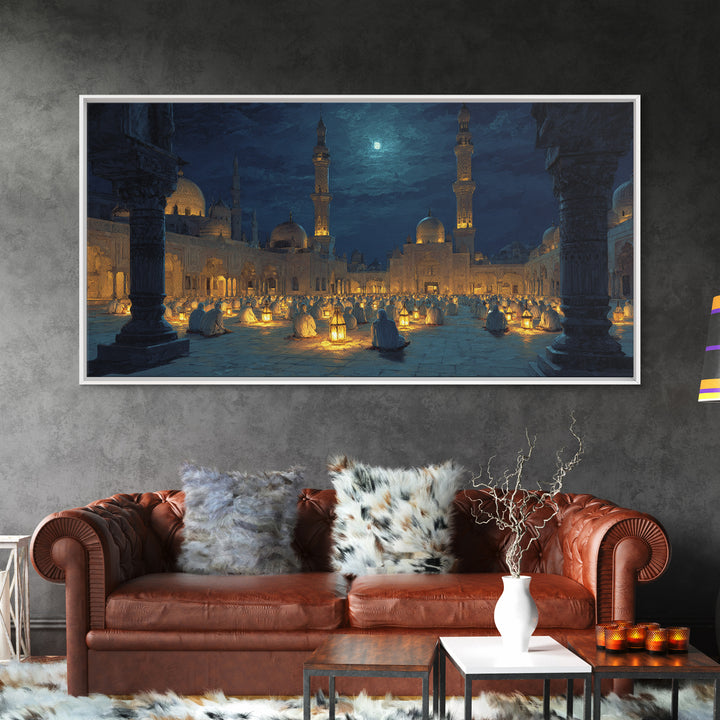 Moonlit Mosque Courtyard With Lanterns Canvas Print, Islamic Wall Art, Prayer Room Decor And Ramadan Gift Idea For Serene Home Decor