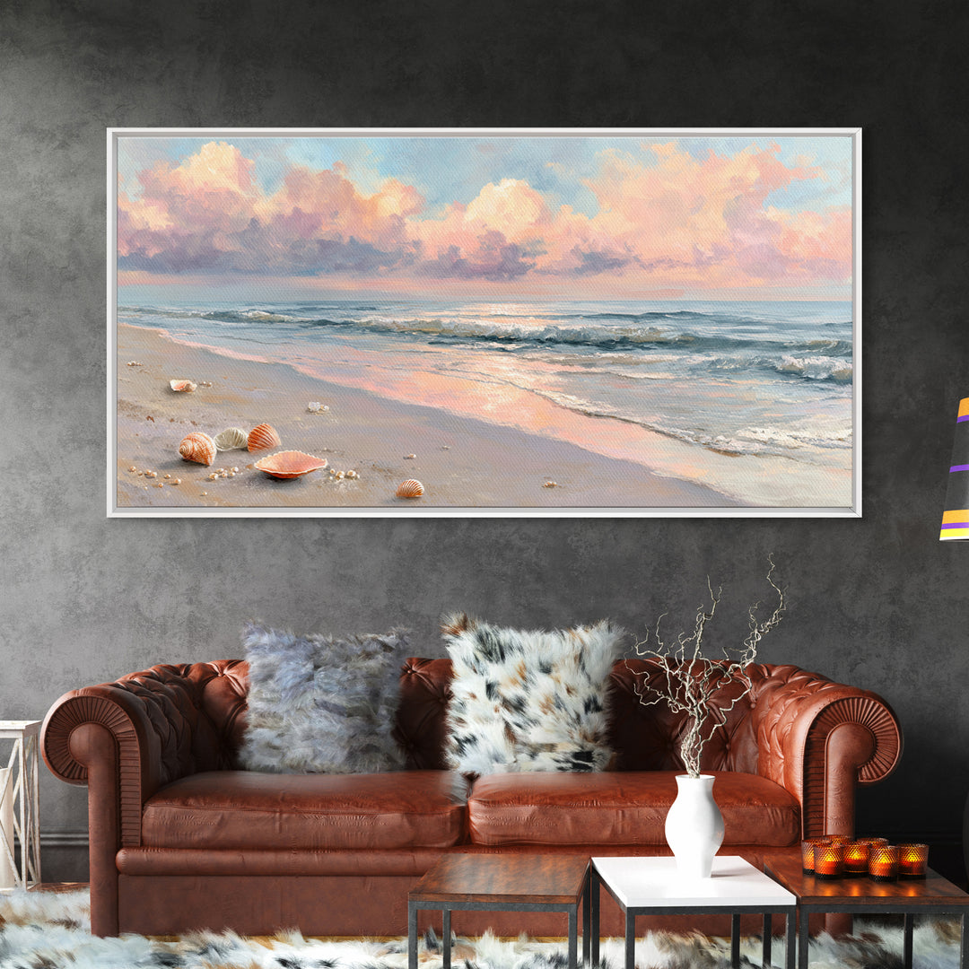 Pastel Ocean Beach Seascape Canvas Print, Coastal Wall Art, Shells And Waves Decor, Beach House Living Room Wall Decor, Gift For Her
