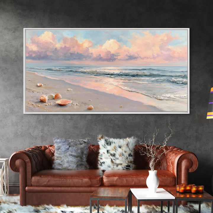 Pastel Ocean Beach Seascape Canvas Print, Coastal Wall Art, Shells And Waves Decor, Beach House Living Room Wall Decor, Gift For Her