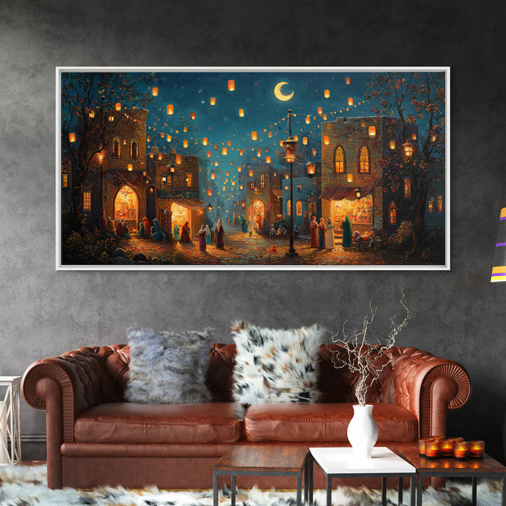 Lantern Lit Old City Bazaar Canvas Print, Crescent Moon Islamic Wall Art, Moroccan Night Market Decor And Ramadan Gift For Home Decor