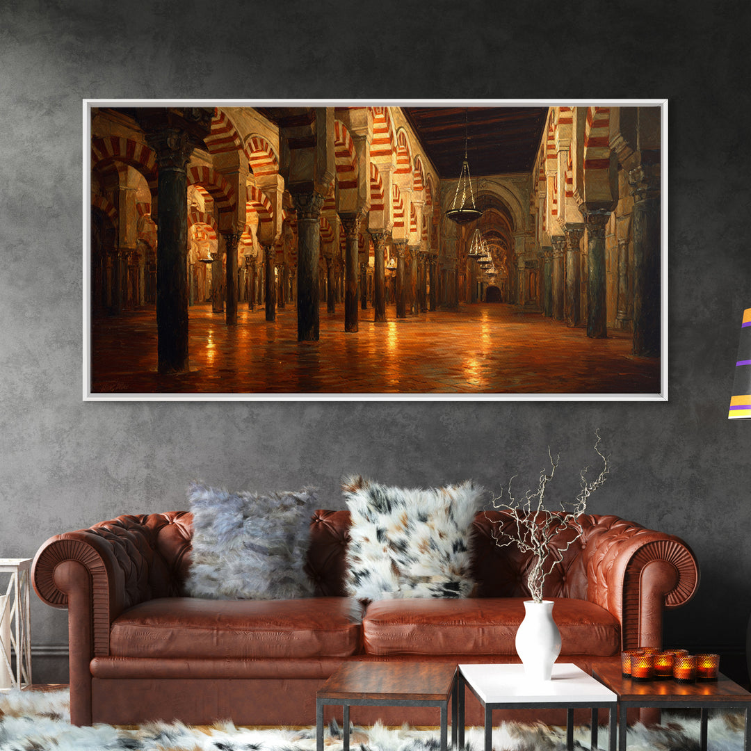 Ornate Islamic Arch Hall Wall Art, Mosque Interior Canvas Print, Moorish Architecture Decor, Warm Historical Home Wall Decor