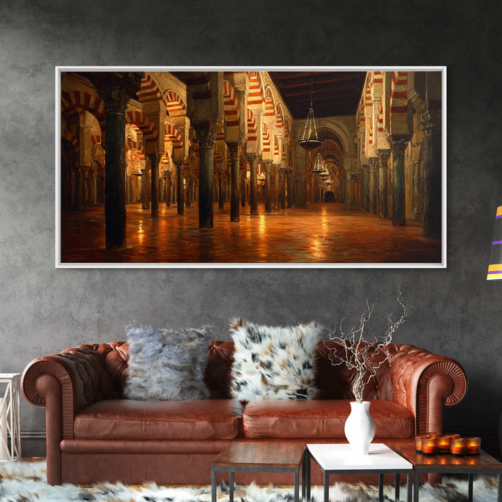 Ornate Islamic Arch Hall Wall Art, Mosque Interior Canvas Print, Moorish Architecture Decor, Warm Historical Home Wall Decor
