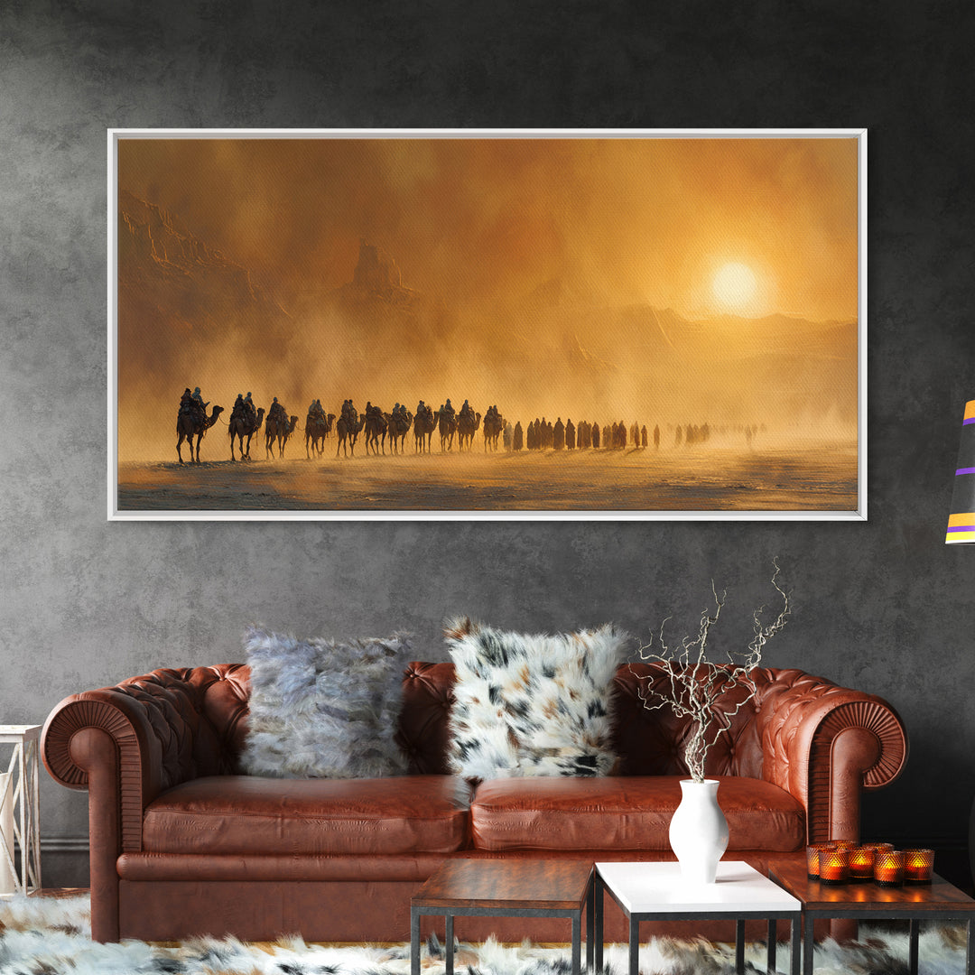 Desert Caravan At Golden Sunset Canvas Print, Western Wall Art, Southwestern Decor, Travel Poster, Warm Earth Tone Decor