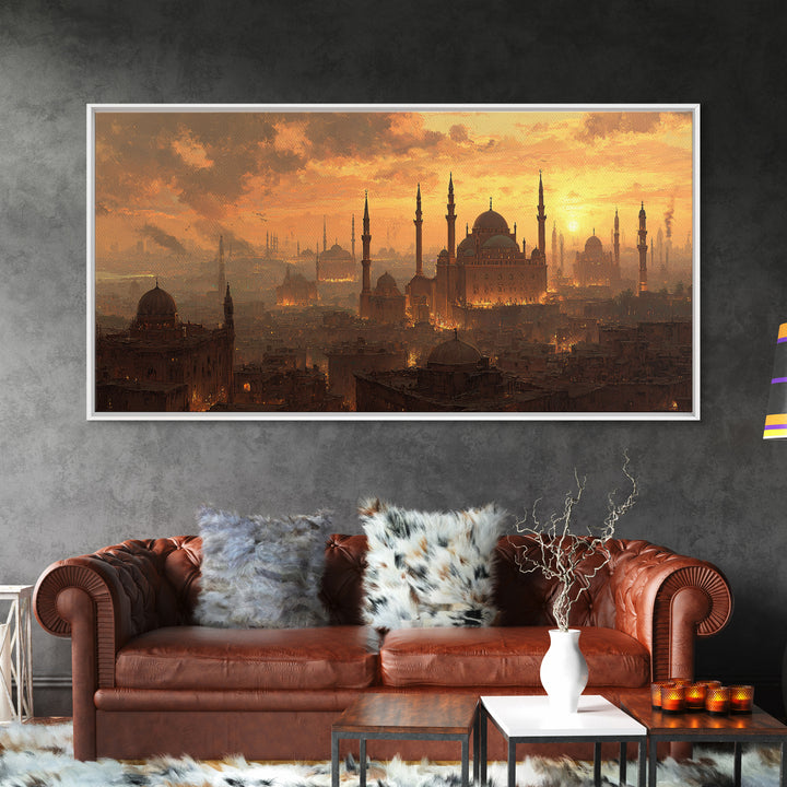 Golden Istanbul Mosque Skyline Wall Art, Islamic Architecture Canvas Print, Sunset Cityscape, Travel Inspired Living Room Decor