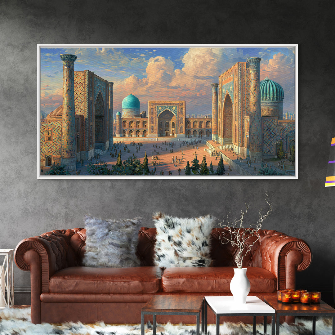 Samarkand Blue Dome Architecture Framed Canvas Print, Islamic Wall Art, Silk Road Travel Poster Home Decor Gift Idea For Him