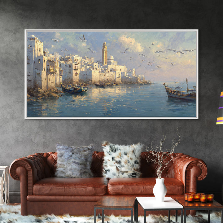 White Mediterranean Harbor With Boats And Seagulls Canvas Print, Coastal Wall Art, Italy Travel Poster, Living Room Decor