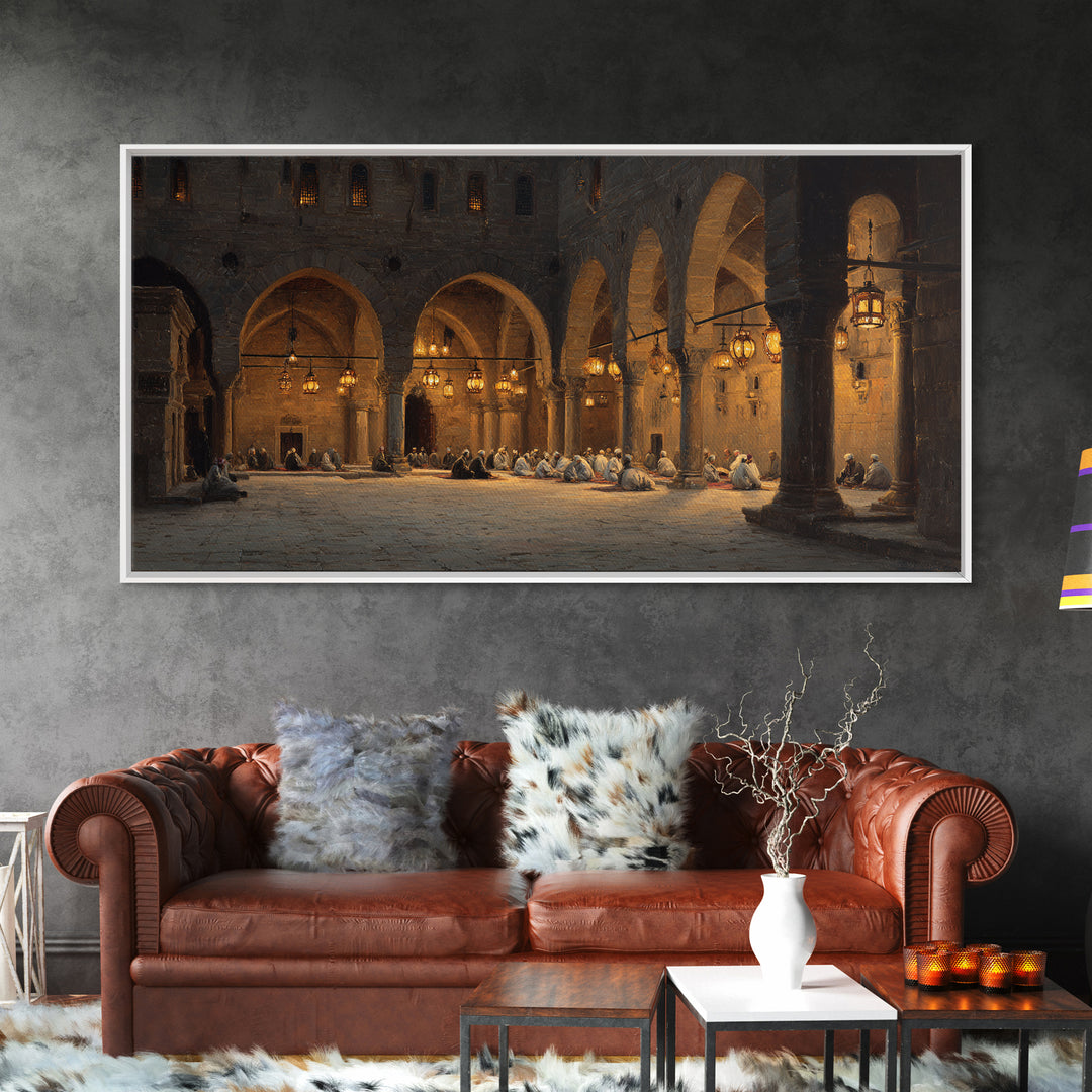 Candlelit Stone Arcade Prayer Scene Wall Art, Islamic Architecture Print, Moody Historic Decor, Large Framed Canvas, Living Room Decor