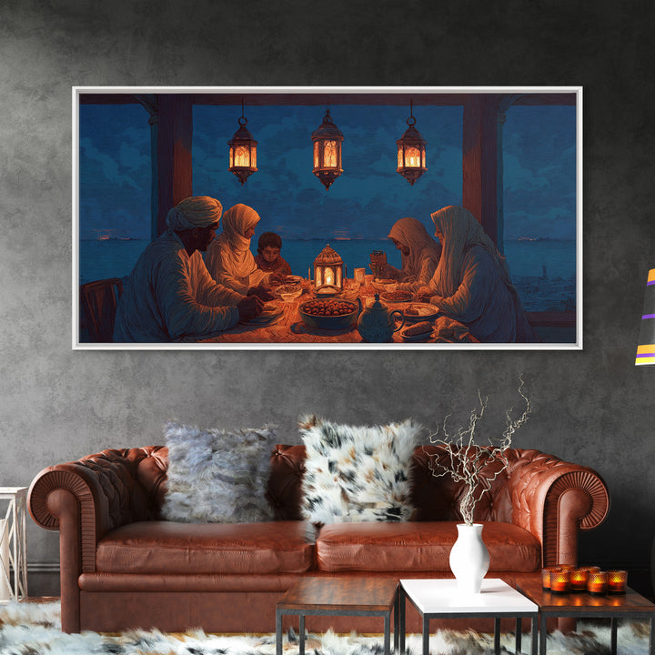 Ramadan Family Iftar By Lantern Light Wall Art, Islamic Canvas Print, Warm Spiritual Decor For Dining Room And Home, Prayer Room