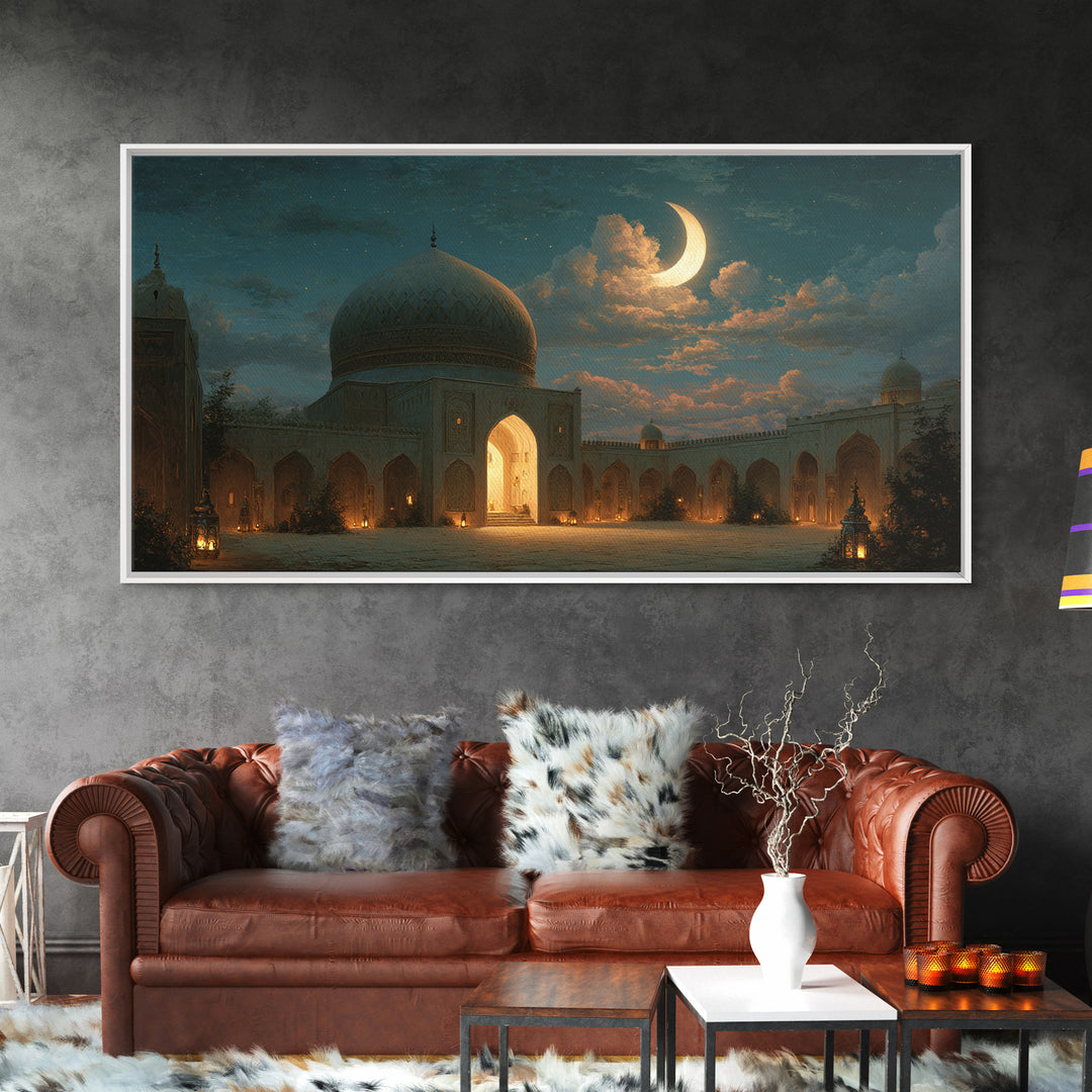 Crescent Moon Mosque Courtyard Framed Canvas Print, Islamic Wall Art, Ramadan Decor, Arabic Architecture Gift For Prayer Room Decor
