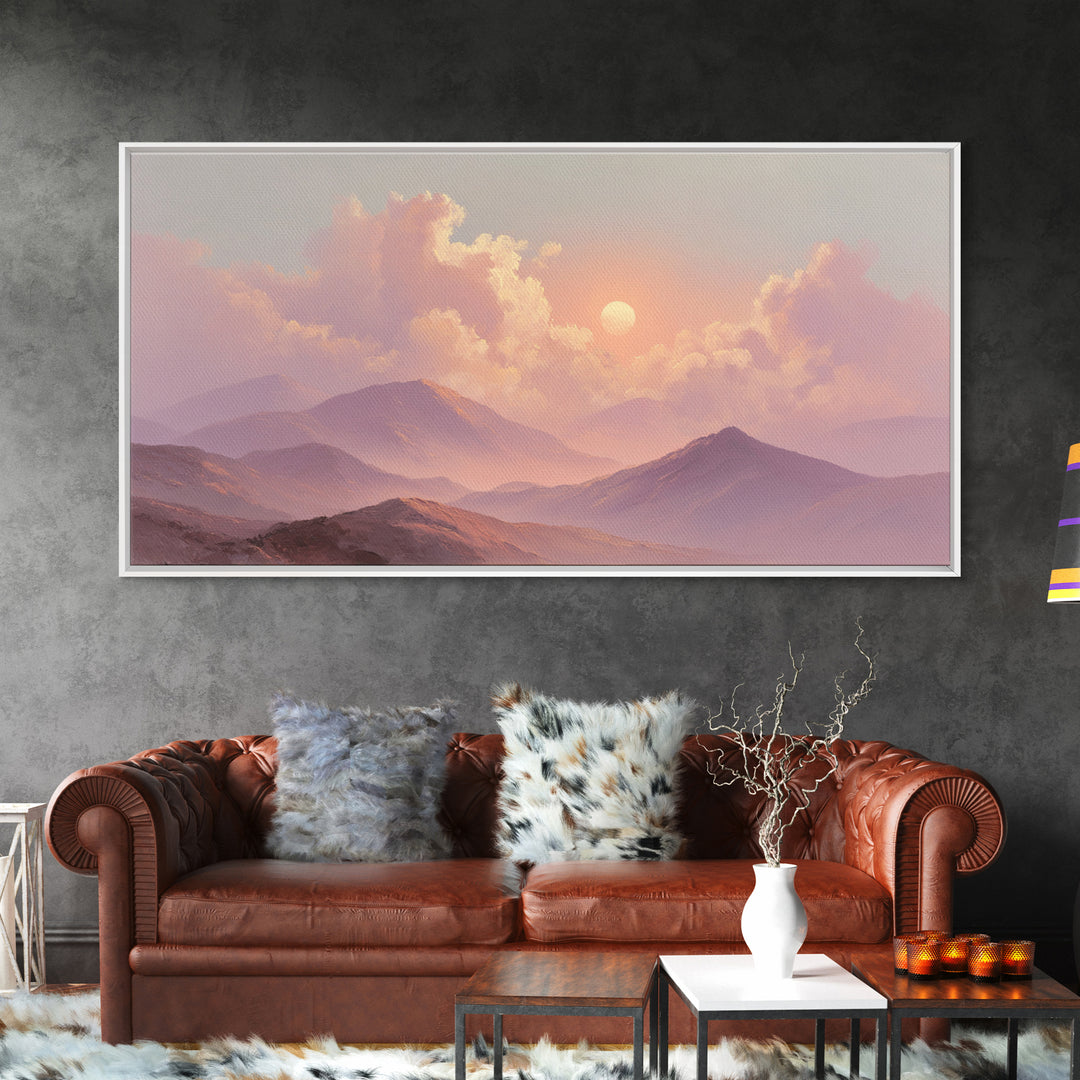Misty Pink Mountain Sunset Wall Art, Pastel Landscape Canvas Print, Serene Nature Decor, Bedroom Above Bed Calming Wall Art