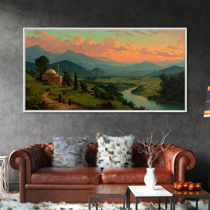 Mountain Valley Mosque At Golden Sunset Canvas Print, Panoramic Landscape Wall Art, Rustic Home Decor, Travel Poster, Fine Art Print