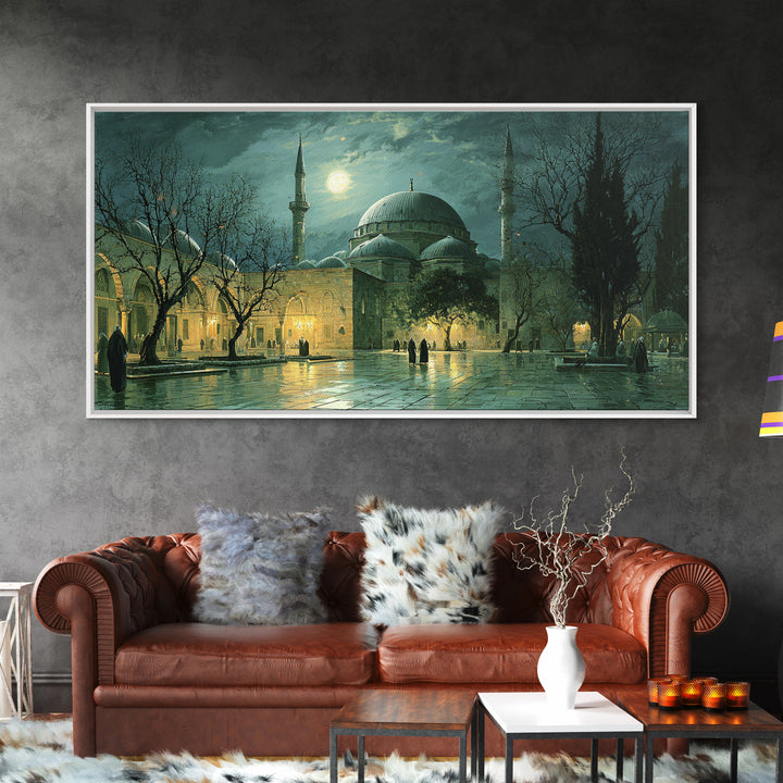 Moonlit Ottoman Mosque Wall Art, Islamic Architecture Canvas Print, Istanbul Landscape, Ramadan Decor, Elegant Home Decor