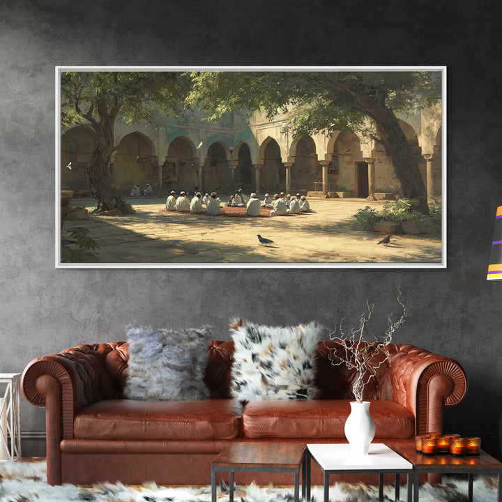 Sunlit Madrasa Courtyard Wall Art, Islamic Architecture Canvas Print, Peaceful Meditation Room Decor, Serene Travel Poster