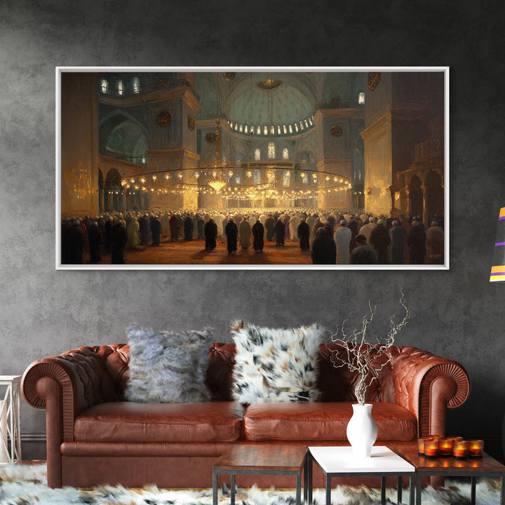 Golden Mosque Prayer Hall Interior Wall Art, Islamic Architecture Framed Canvas Print, Spiritual Decor, Eid Gift For Home