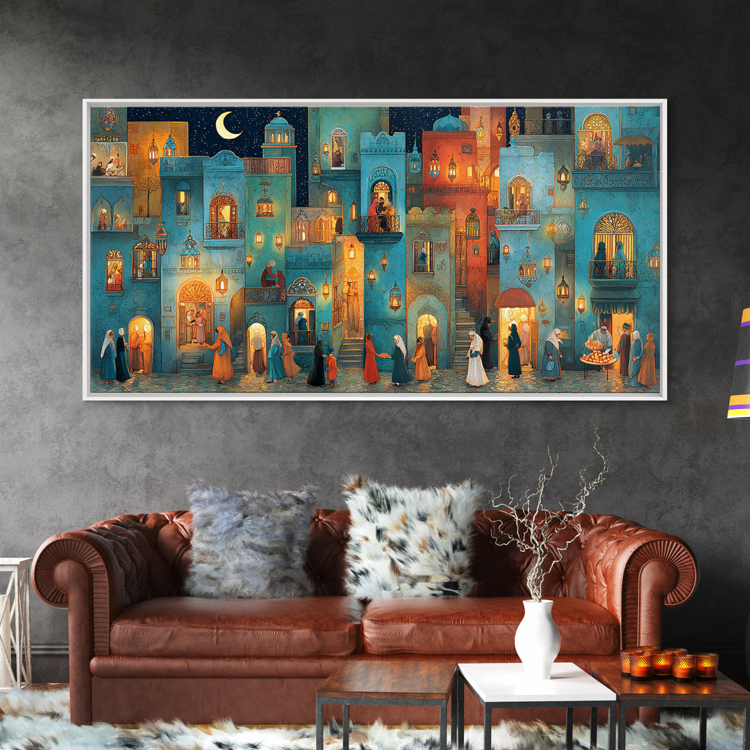 Moonlit Middle Eastern City Wall Art, Ramadan Night Canvas Print, Moroccan Decor, Islamic Home Decor, Housewarming New Home Gift
